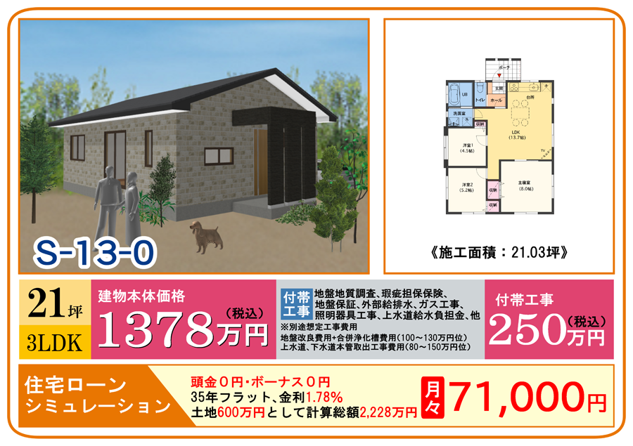 21坪 3LDK 平屋商品プラン